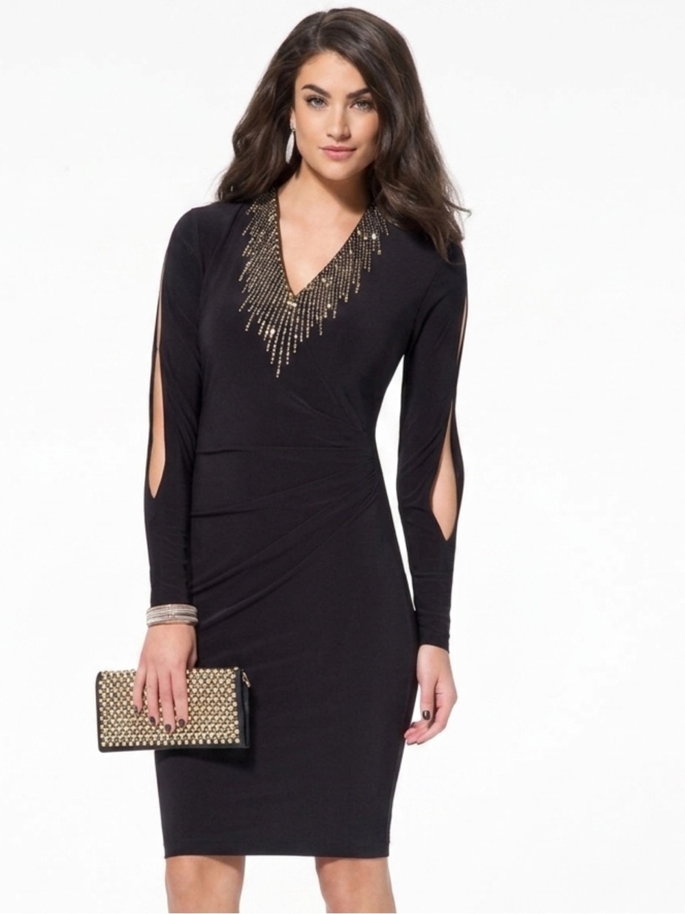Cache Black Gold Beaded Vneck Split Sleeve Sheath Dress Size 4
